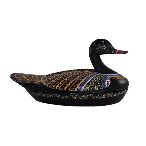 Vintage Hand Painted Lacquerware Duck Trinket Box Folk Art Large 14" - Picture 1 of 13